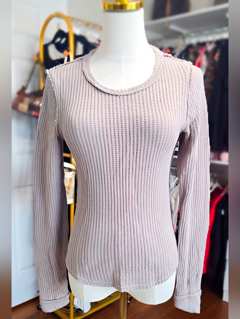 Free People Long Sleeve Ribbed Knit Top - Dusty Mauve Size S - Picture 1 of 6